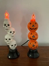 Pair Vintage Halloween Candolier Plastic Jack O Lantern and skull Stacked Lamps