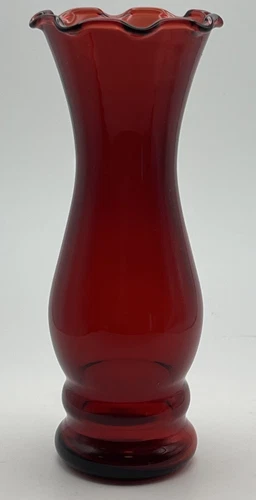 Vintage Anchor Hocking Ruby Red Glass Bud Vase Ruffled Top 6" Tall