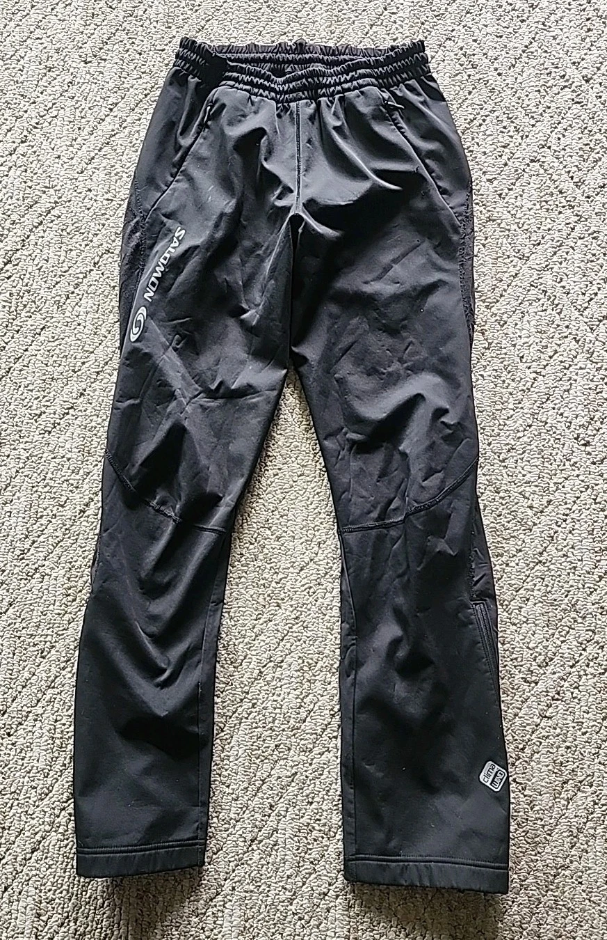 Salomon Track Pants Mens Medium Black ClimaWIND Softshell Running Ski Side Zip