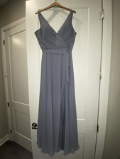 Mori Lee by Madeline Gardner Grey V Neck Flowy Bridesmaid Dress Side Slit Size 8