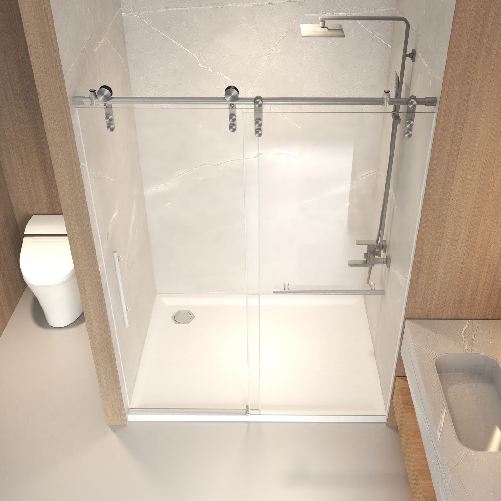 56-60" x 66" H Sliding Frameless Glass Shower Door (8mm) Clear Tempered Glass