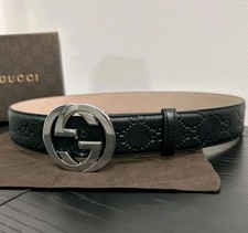 Authentic Gucci Black Monogram Leather Belt - Men's Size 30-32 90cm 
