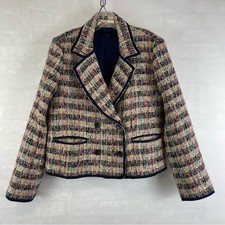Talbots Tweed Double Breasted Blazer Navy Trim Multicolor Jacket Size 8