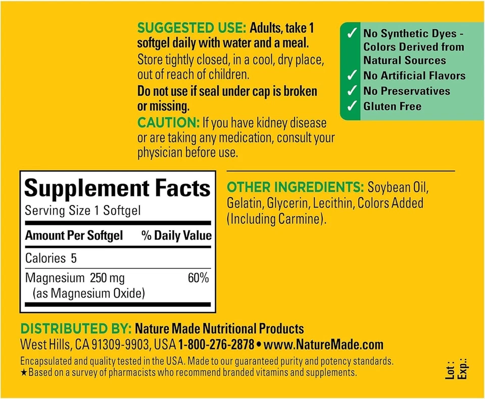 Nature Made магний помогает нервной и мышечной функции, 250 мг/270 гелевых капсул - Изображение 4 из 4