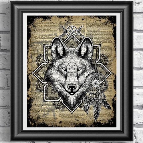 Dream catcher Print on Antique Dictionary Book Page Wolf Print Picture Decor - Picture 3 of 8