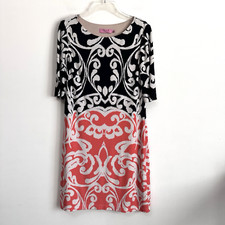 Eliza J Sheath Dress 8 Black White Orange Short Sleeve Stretch Lined Party Work