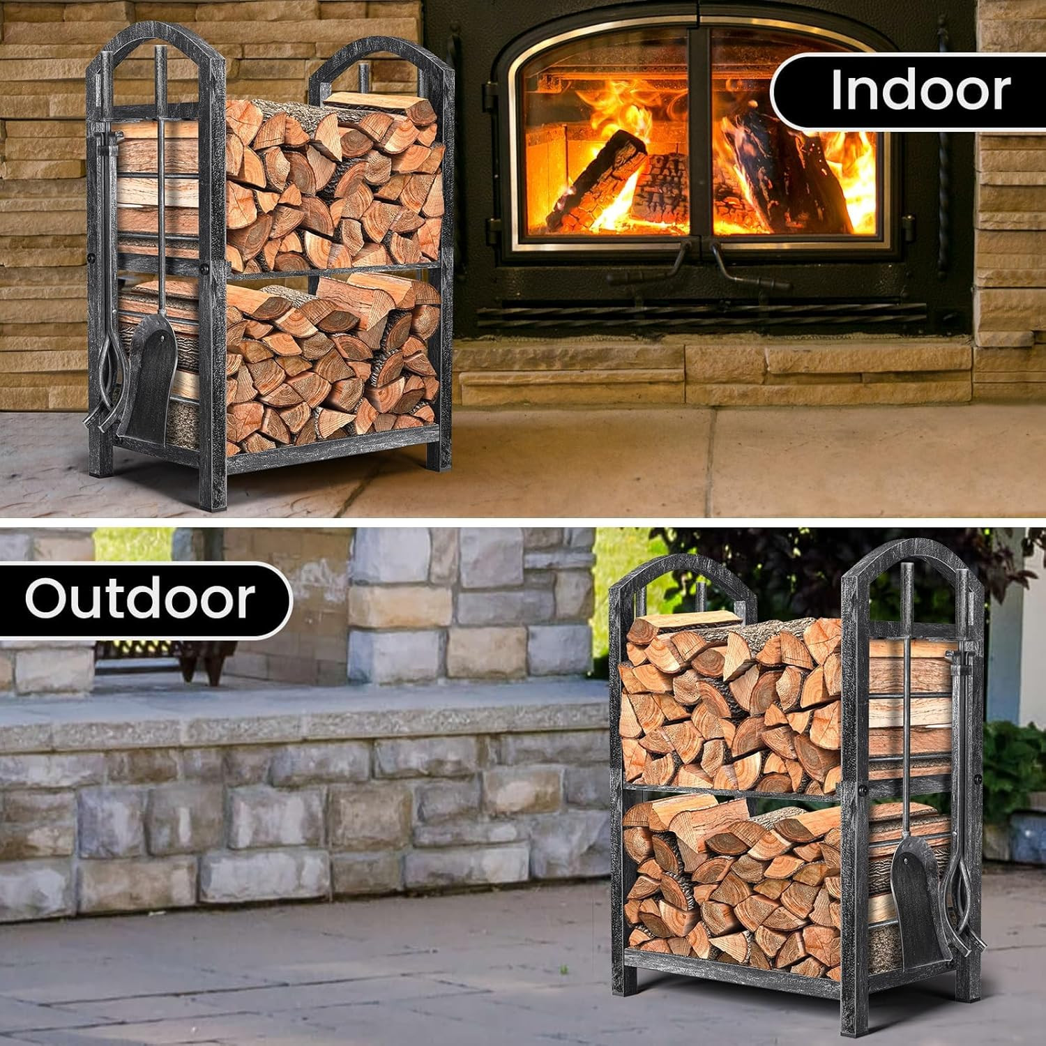 Firewood Rack with Tools 5-Piece Indoor Fireplace Wood Holders Outdoor Log Holde
