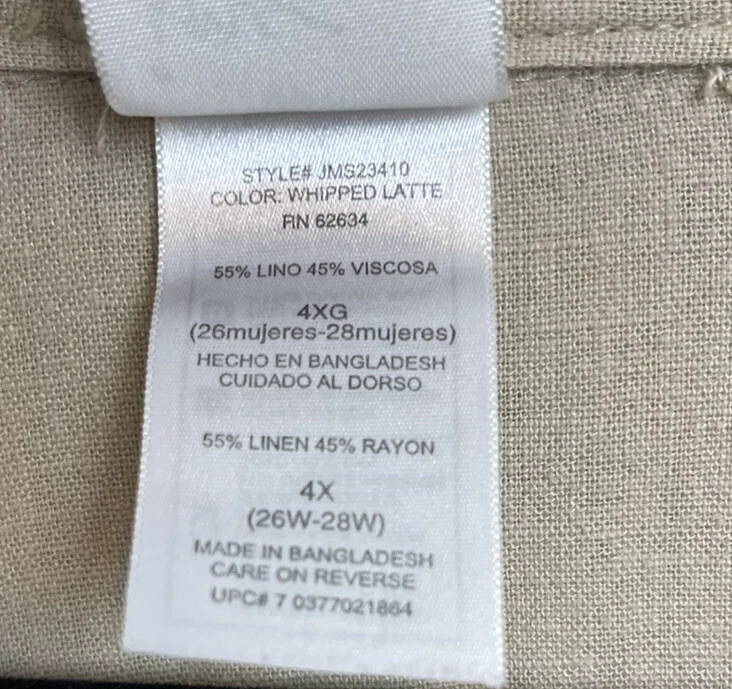 Blusa Just My Size beige tostado lino abotonada para mujer 4X 26W-28W manga con lengüeta enrollable Foto 4 de 4