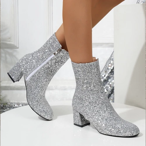 Womens Sequin Round Toe Glitter Ankle Riding Boots Low Block Heels Zip Shoes* - Picture 9 of 19