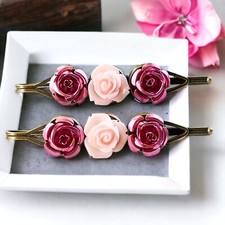 Pink Rose Flower Hair Pin Womens Floral Bobby Pin Set of 2 Cute Boho Bridal Hair