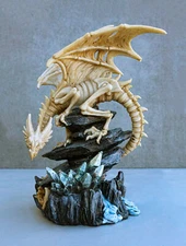 10"H Gothic Skeleton Bone Dragon Perching On Crystal Cavern Statue Ghost Drake