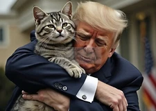 PRESIDENT DONALD TRUMP HUGGING A CAT 5X7 AI PHOTO