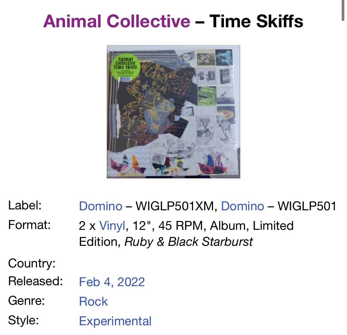 米2LP Animal Collective Time Skiffs WIGLP501 Domino /00520 Time Skiffs | Animal Collective