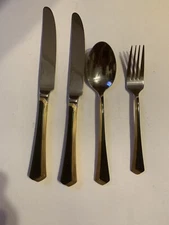 Patrick Yamazaki Ramona Stainless 4 Lot Black/gold Accent Knife Fork Spoon NICE