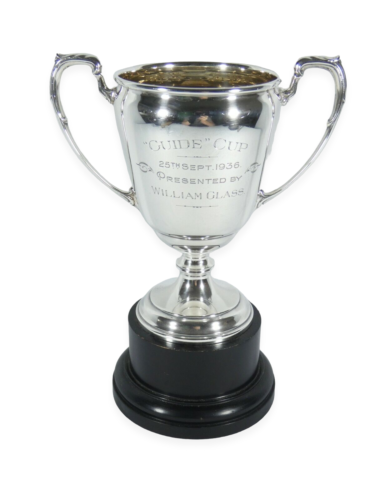 Antique Art Deco 1935 Sterling Silver Trophy Chalice Guide Cup Timber Plinth - Imagen 1 de 11
