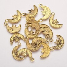 10 Moon Charms Antiqued Gold Crescent Moon Celestial Pendants Star Findings 24mm