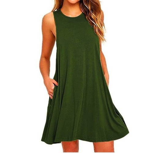 Women Sleeveless Casual T Shirt Dress Pocket Swing Beach Loose Tank Sundress Top - Photo 12/27