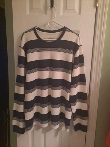 Roebuck & Co Shirt Mens XXL White Blue Stripe Long Sleeve Waffle Knit Pullover