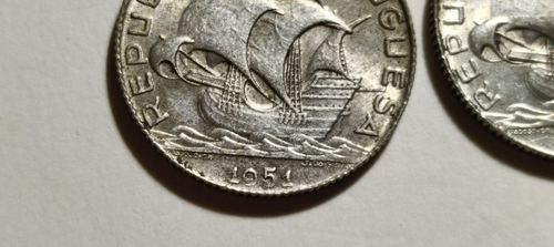 Antique old silver sterling 2 coin Portugal 1951 caravel sailing ship discoverie - Picture 3 of 4