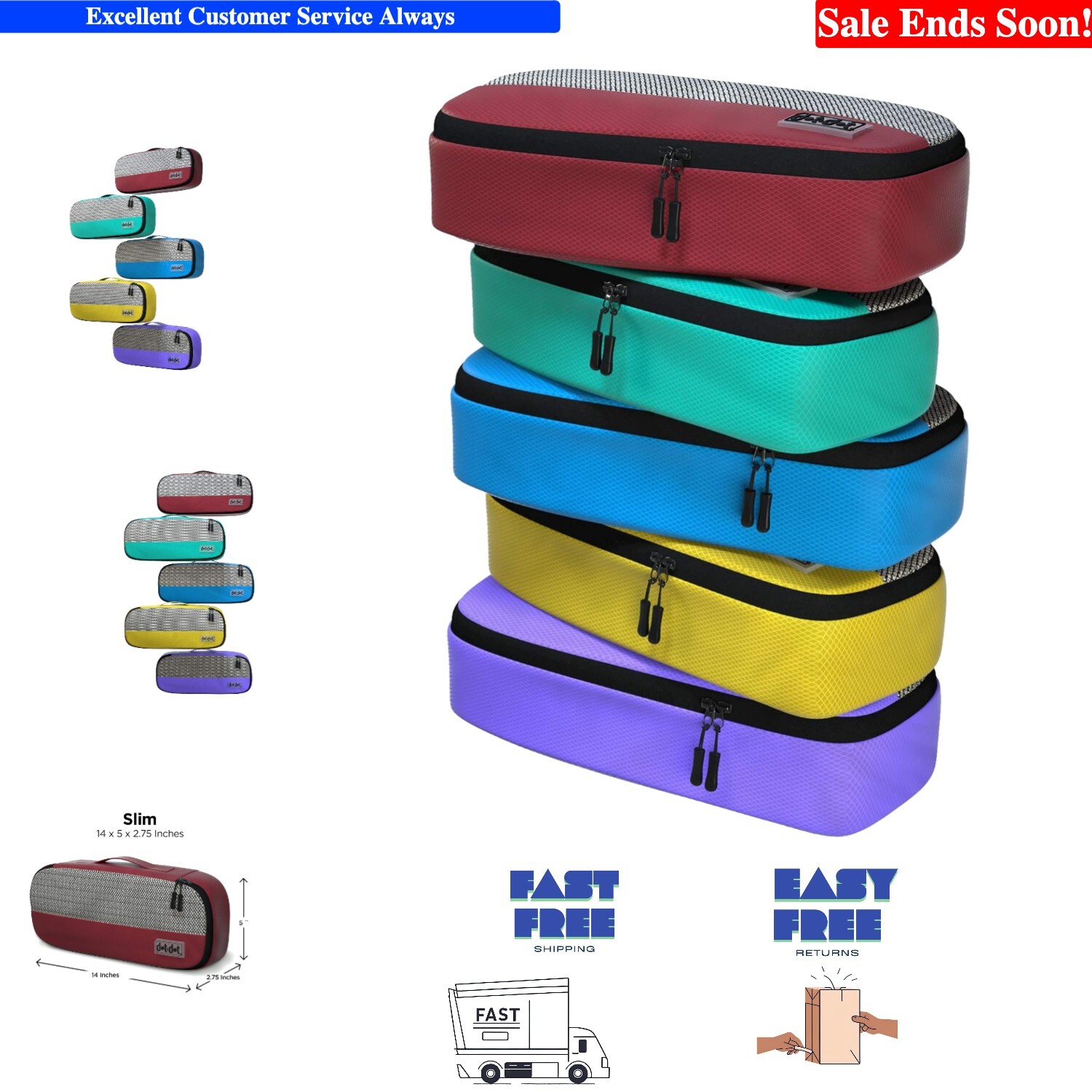 Efficient Packing Cubes for Travel - Family Set of 5 Color-Coded Organizers-image