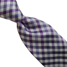A7) DAVID DONAHUE PURPLE GRAY CHECKS 100% SILK NECKTIE MADE IN USA