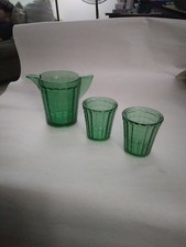 Akro Agate Uranium Glass Green Stacked Disc Pitcher Glasses 3pc. Child Set Vtg
