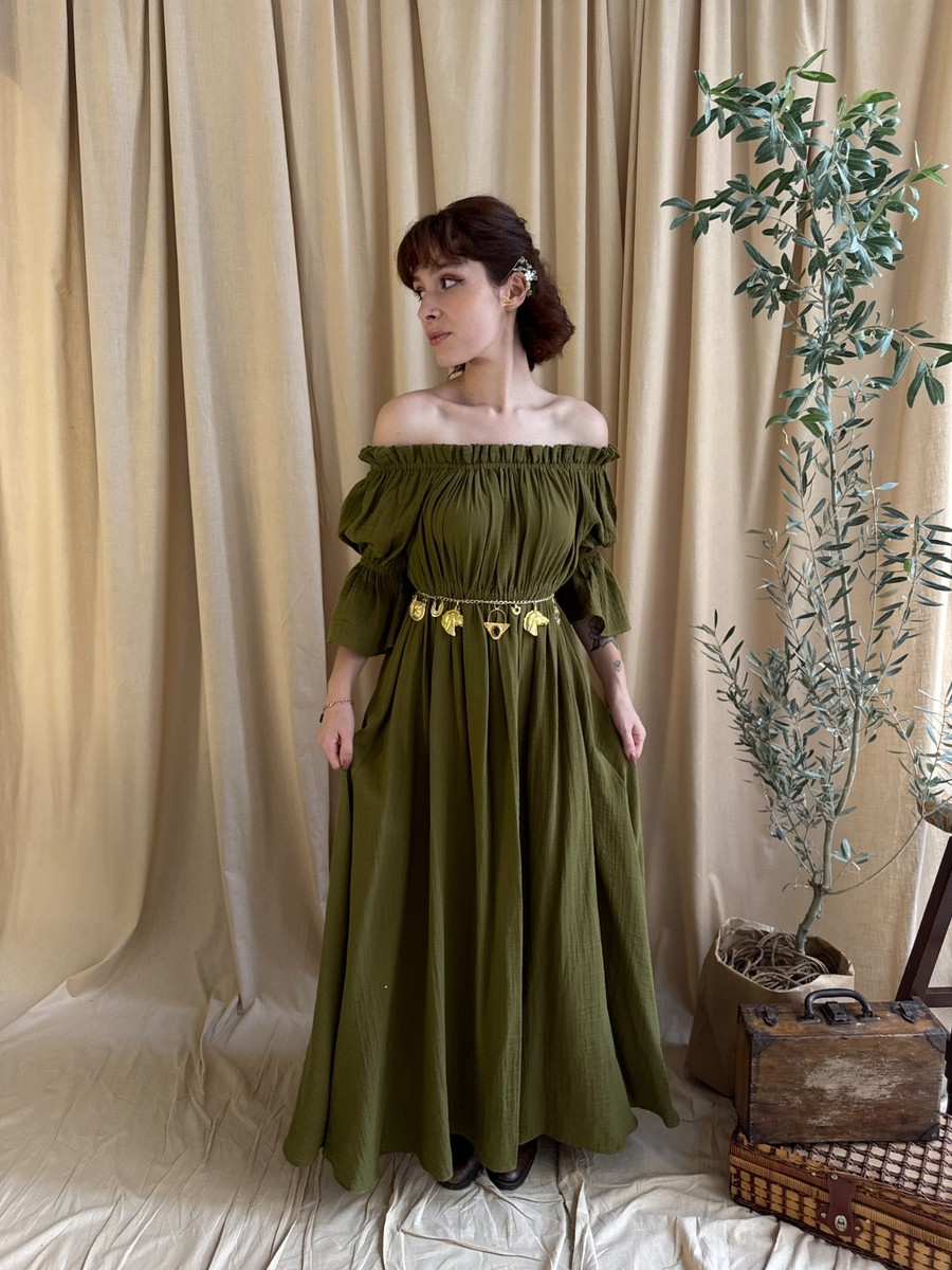 dark green winter dress Renaissance Milkmaid Cotton Chemise Medieval Paesant Ren Faire Costume Wool dress Chiffon Halter Neck Maxi bachelorette outfit Contact with me for Color:Lemon
