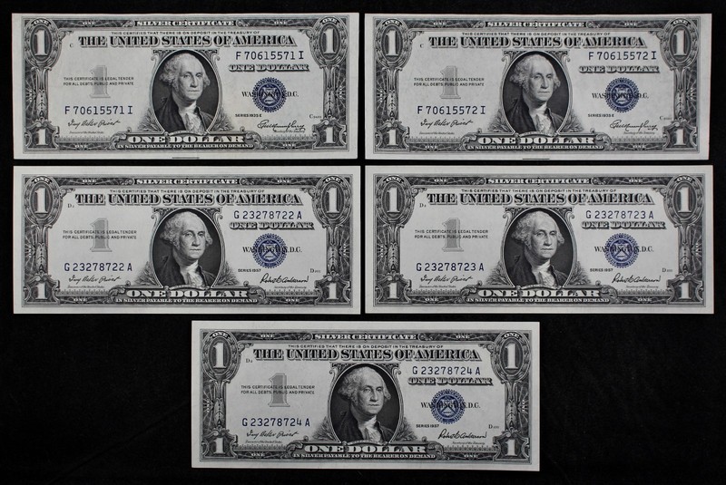 Old Money LOT of 5 consecutive 1935E & 1957 $1 Silver Certificates XF AU Fi7061