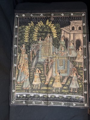 Vintage Hand Painted Indian Rajasthan Silk Painting Folk Art