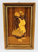 Vintage 11"x7" Framed Marquetry Wood Inlay Monk Drinking Alcohol Picture