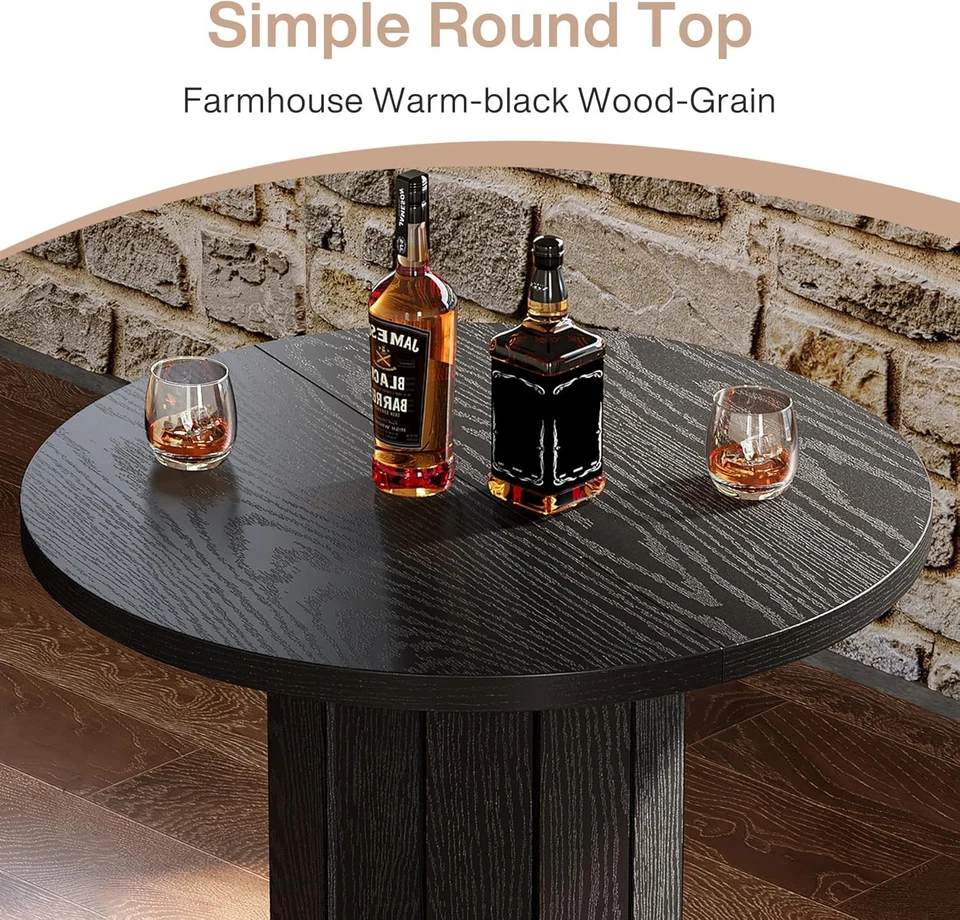 Round Bar Table, 39.4" H Wood Bistro Pub Table with Metal Ring Footrest, Black - Image 4 of 4