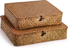 2 Pack Seagrass Baskets with Lid,Wicker Storage Baskets Flat Rattan Storage Bins