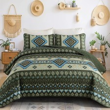 Boho Quilt Set King Size 3 Pieces Aztec Texture Bedspread Green Coverlet Set
