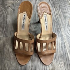 Manolo Blahnik Leather Cut Out Tan Mule Heel Womens 38.5 EU / 8 US