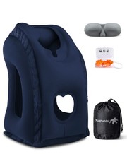 Inflatable Travel Neck Pillow for Airplane Car Office Napping Blue w/ Eye Mask