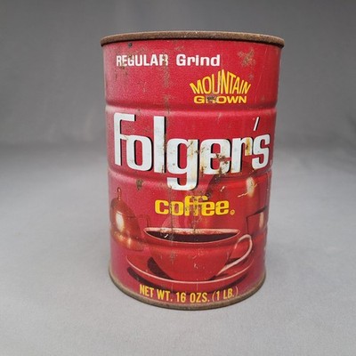 Vintage Folgers Coffee Tin Can 1 LB 16 Oz Regular Grind Mountain Grown Red USA