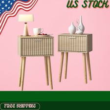 Fluted Door Natural Wood Nightstands - Pair