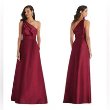 New ALFRED SUNG Draped One-shoulder Satin Burgundy Maxi Dress Size 14 R