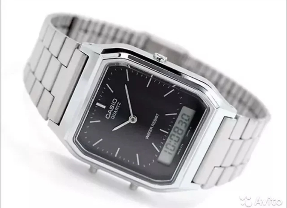 Casio AQ-230A Dual Time Silver Retro Stainless Steel Analog Digital Watch 38.8mm — 第 2/4 张图片