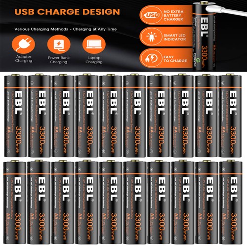 EBL 1.5V USB Rechargeable AA Lithium Battery 3300mwh Li-ion Batteries +Cable Lot