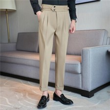 Men High Waist Pleated Pants Straight Leg Roll Up Capri Trousers Business Formal