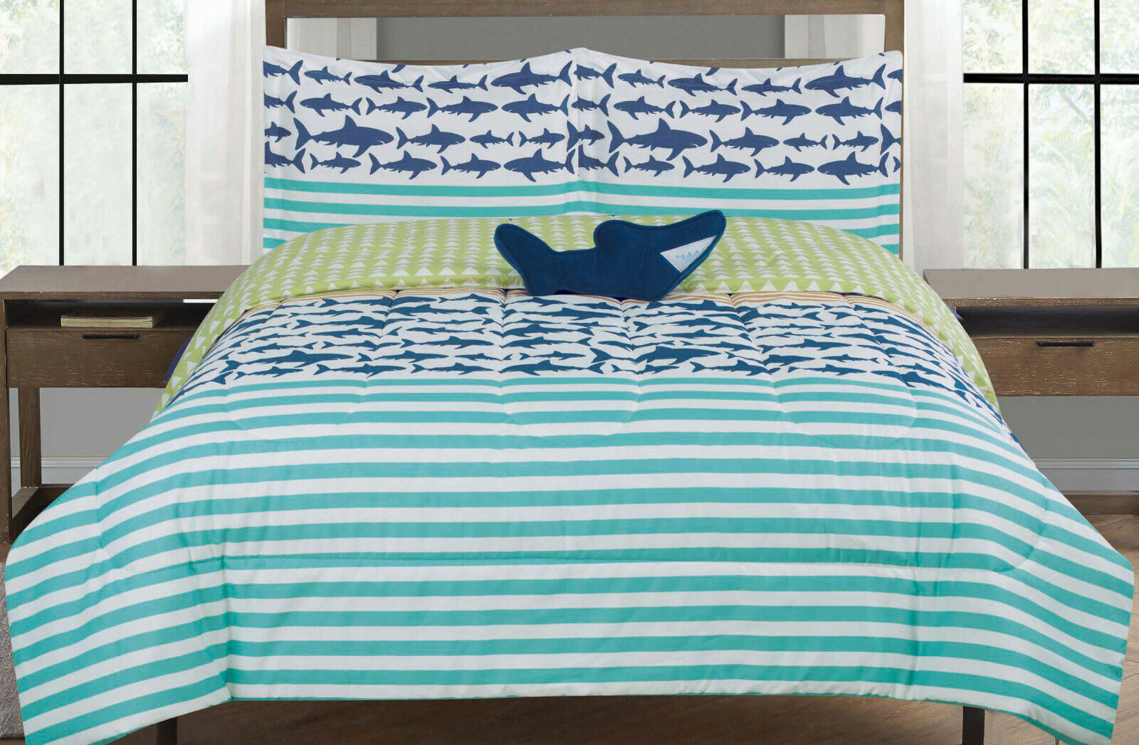 Twin or Full Size Striped Shark Kids Comforter Bedding Set, Blue