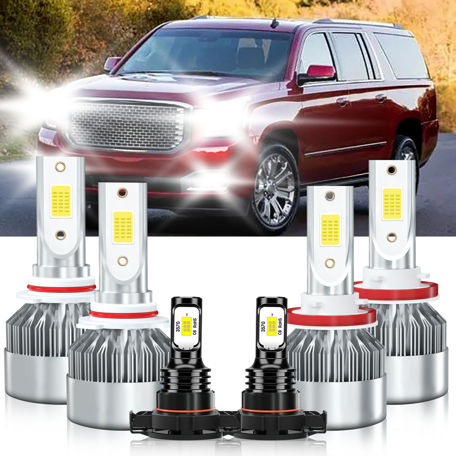 For GMC Yukon 2015-2019 White LED Headlight High Low Beam Fog Light Bulbs Kit