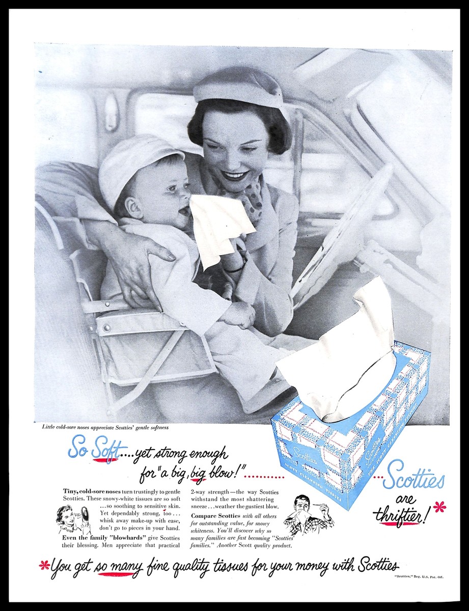1952 Scotties Cleansing Tissue Vintage PRINT AD Mother Baby Child Skin Care  50s