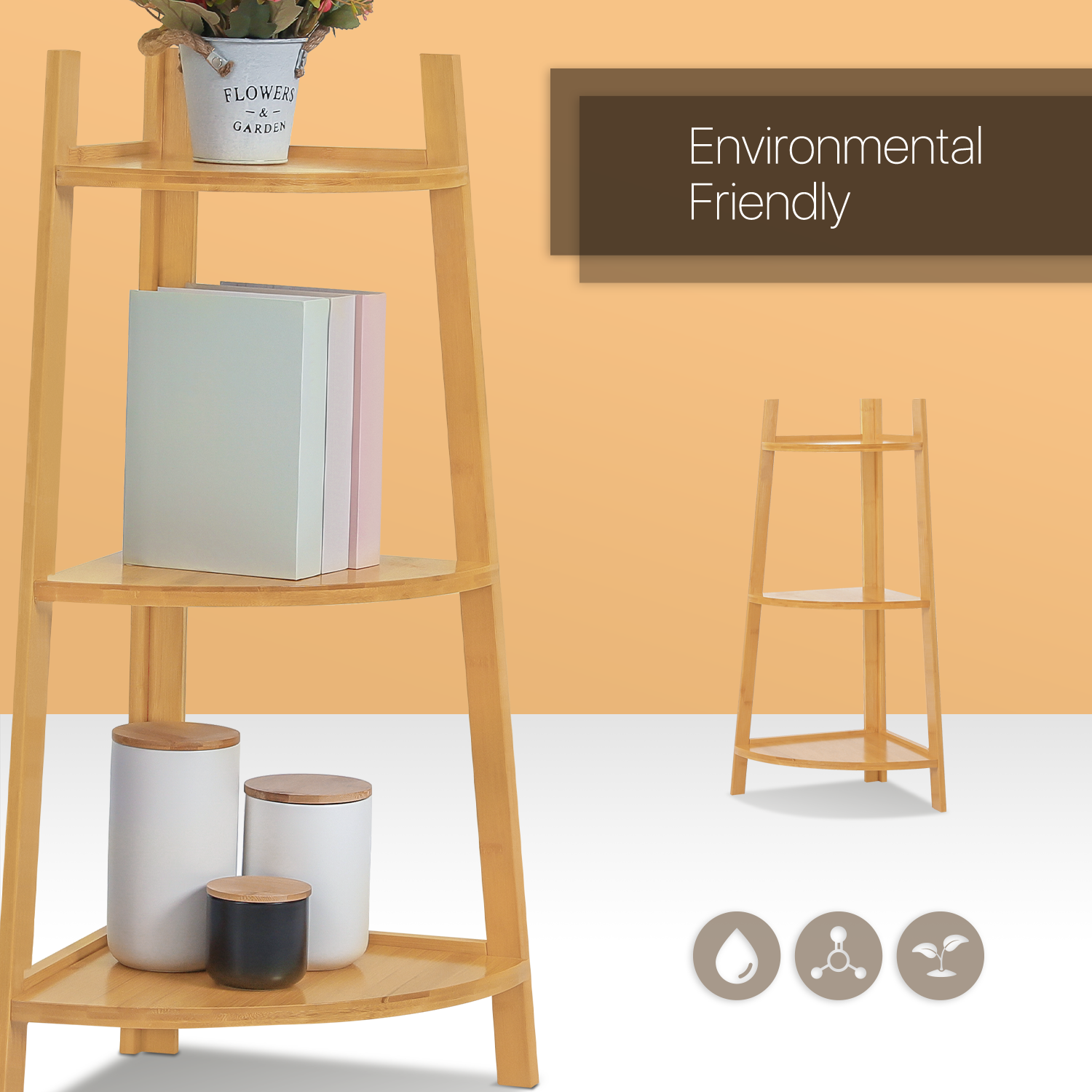 20"Natural Bamboo 3Tier Freestanding Corner Shelf Patio Plant Rack