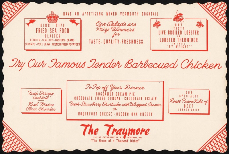 Vintage placemat THE TRAYMORE Barbecued Chicken Sea Food Montreal P.Q. Canada