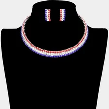 NEW RED WHITE BLUE RHINESTONE EARRINGS  NECKLACE CHOKER SET USA FLAG DESIGN