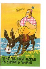Linen Humor Postcard: Tally Ho!  Heavyset wom...