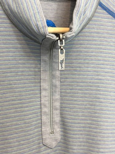 Tommy Bahama Mens Sweater M Cotton Gray Blue Striped Reversible Half Zip Logo - Picture 3 of 12