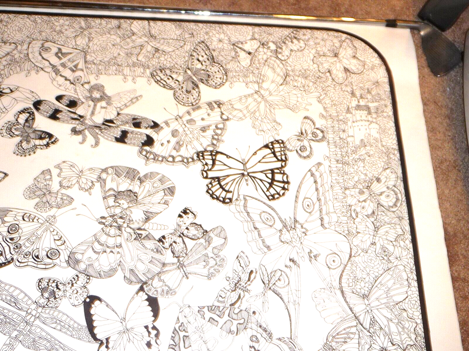 LARGE VINTAGE DOODLE ART POSTER BUTTERFLIES by MOIRA UNCOLORED 41.5 X